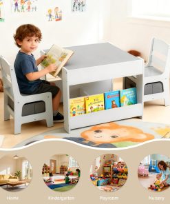 Kinder King Kids Wood Table & 2 Chairs Set, 4 in 1 Children Activity Table w-Double Bookcase, Blackboard, Toddler Furniture Set for Art, Crafts, Drawing, Reading, Playroom, Grey - 7