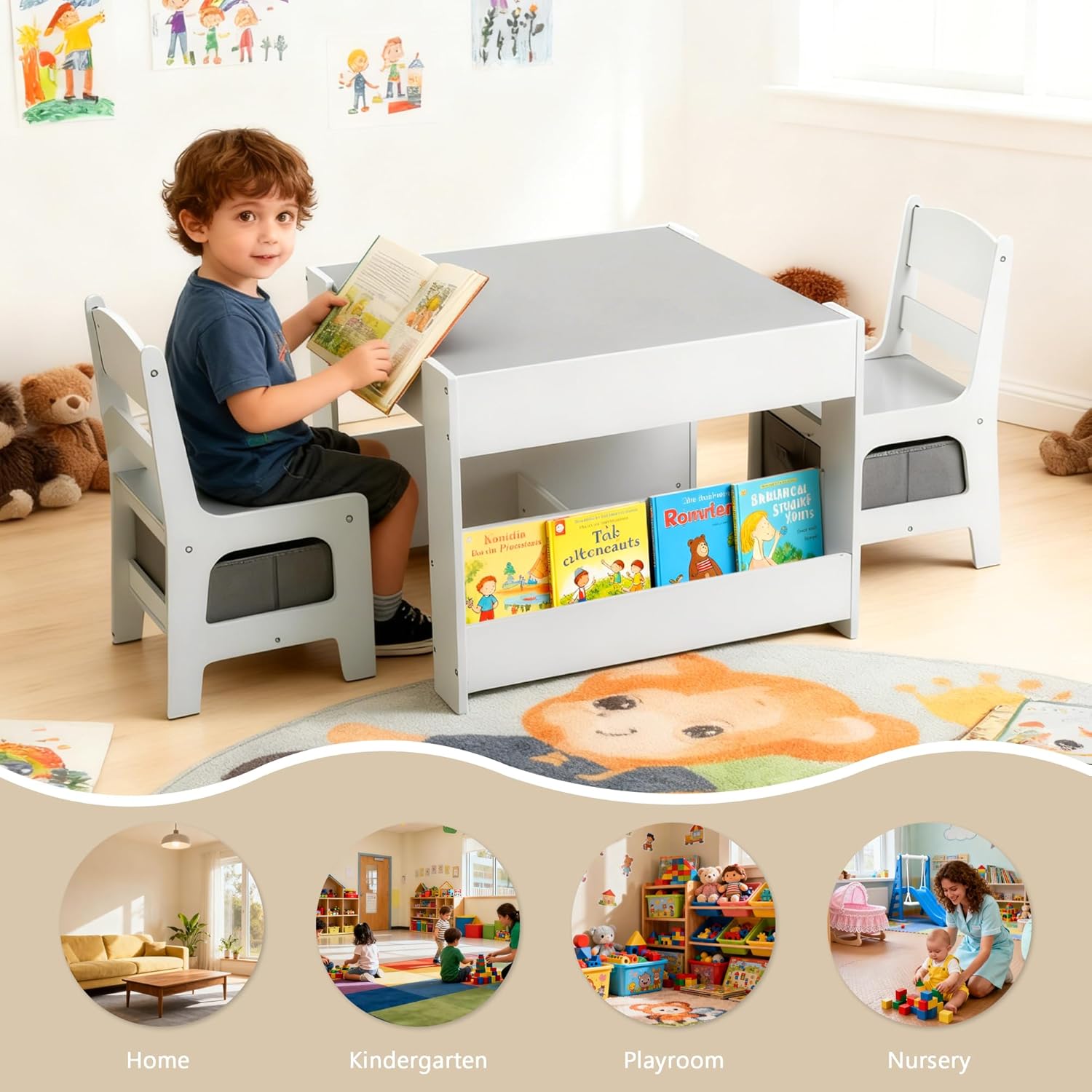 Kinder King Kids Wood Table & 2 Chairs Set, 4 in 1 Children Activity Table w-Double Bookcase, Blackboard, Toddler Furniture Set for Art, Crafts, Drawing, Reading, Playroom, Grey - 7