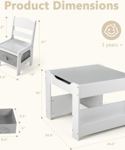 Kinder King Kids Wood Table & 2 Chairs Set, 4 in 1 Children Activity Table w-Double Bookcase, Blackboard, Toddler Furniture Set for Art, Crafts, Drawing, Reading, Playroom, Grey - 8