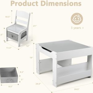 Kinder King Kids Wood Table & 2 Chairs Set, 4 in 1 Children Activity Table w-Double Bookcase, Blackboard, Toddler Furniture Set for Art, Crafts, Drawing, Reading, Playroom, Grey - 8