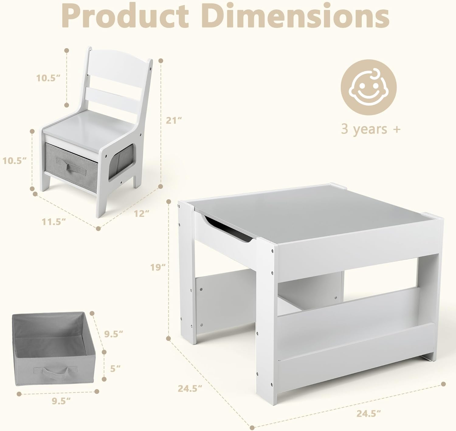 Kinder King Kids Wood Table & 2 Chairs Set, 4 in 1 Children Activity Table w-Double Bookcase, Blackboard, Toddler Furniture Set for Art, Crafts, Drawing, Reading, Playroom, Grey - 8