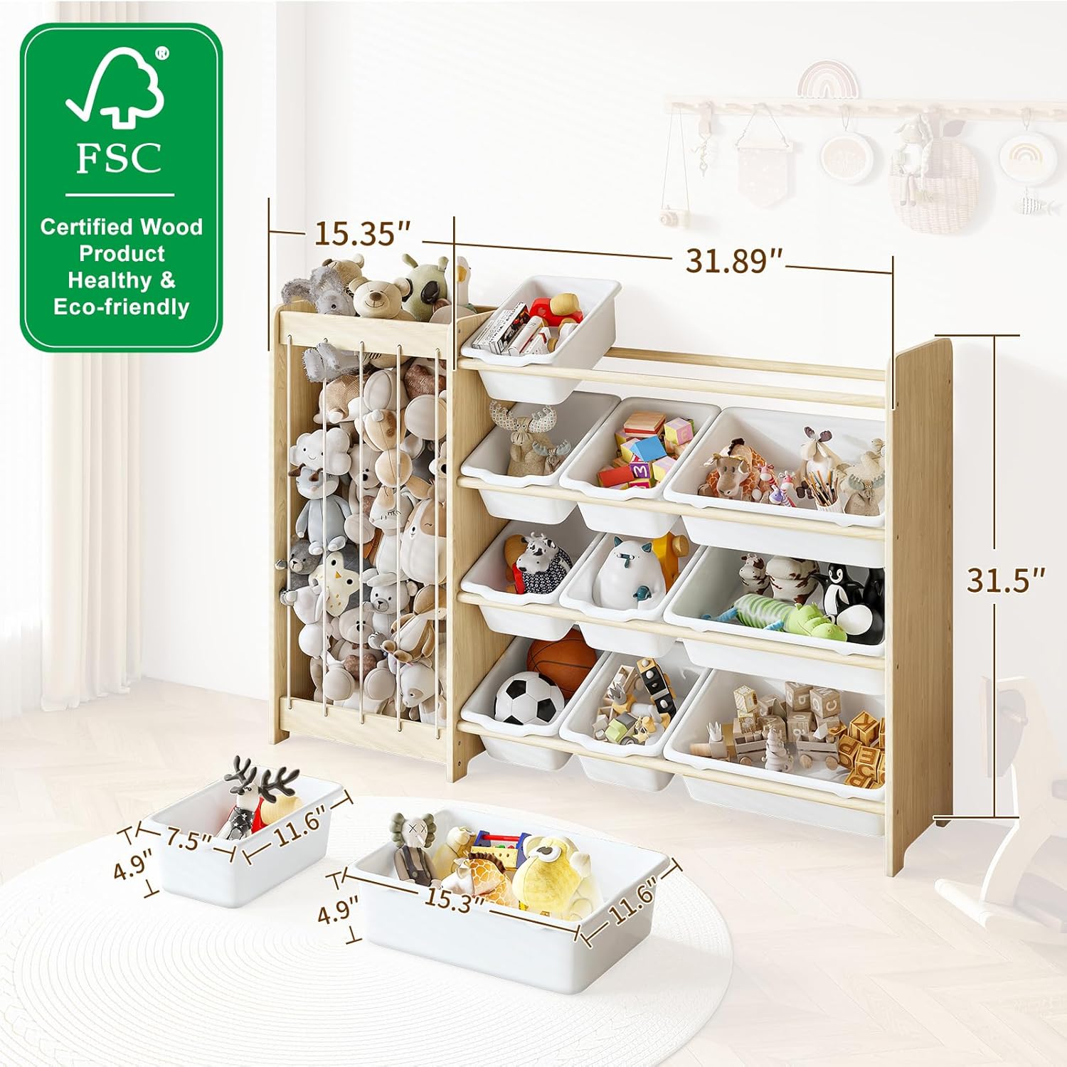EXPERLAM Kids Toy Storage Organizer, 2-in-1 Stuffed Animal Storage & Toy Organizer w/12 Bins, Solid Wood Toy Rack Featuring Thicker Elastic Ropes to Hold Toys, Playroom Nursery Bedroom Storage, White - Image 8