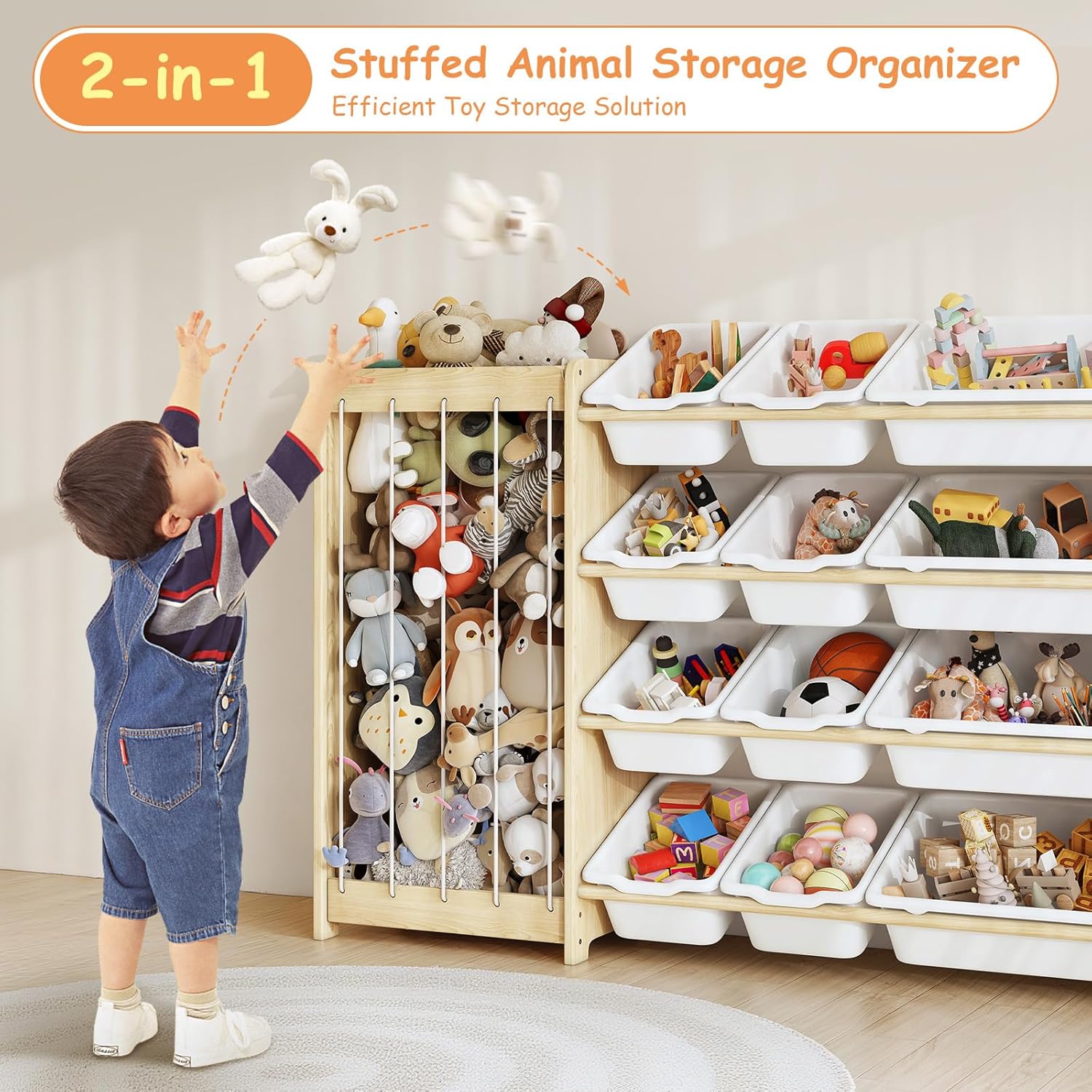 EXPERLAM Kids Toy Storage Organizer, 2-in-1 Stuffed Animal Storage & Toy Organizer w/12 Bins, Solid Wood Toy Rack Featuring Thicker Elastic Ropes to Hold Toys, Playroom Nursery Bedroom Storage, White - Image 7