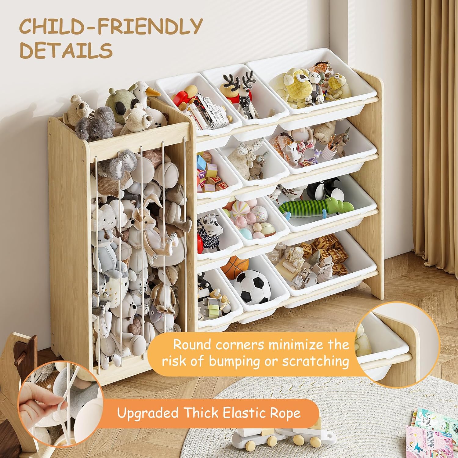 EXPERLAM Kids Toy Storage Organizer, 2-in-1 Stuffed Animal Storage & Toy Organizer w/12 Bins, Solid Wood Toy Rack Featuring Thicker Elastic Ropes to Hold Toys, Playroom Nursery Bedroom Storage, White - Image 6