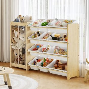 Alternative view of EXPERLAM Kids Toy Storage Organizer, 2-in-1 Stuffed Animal Storage & Toy Organizer w/12 Bins, Solid Wood Toy Rack Featuring Thicker Elastic Ropes to Hold Toys, Playroom Nursery Bedroom Storage, White