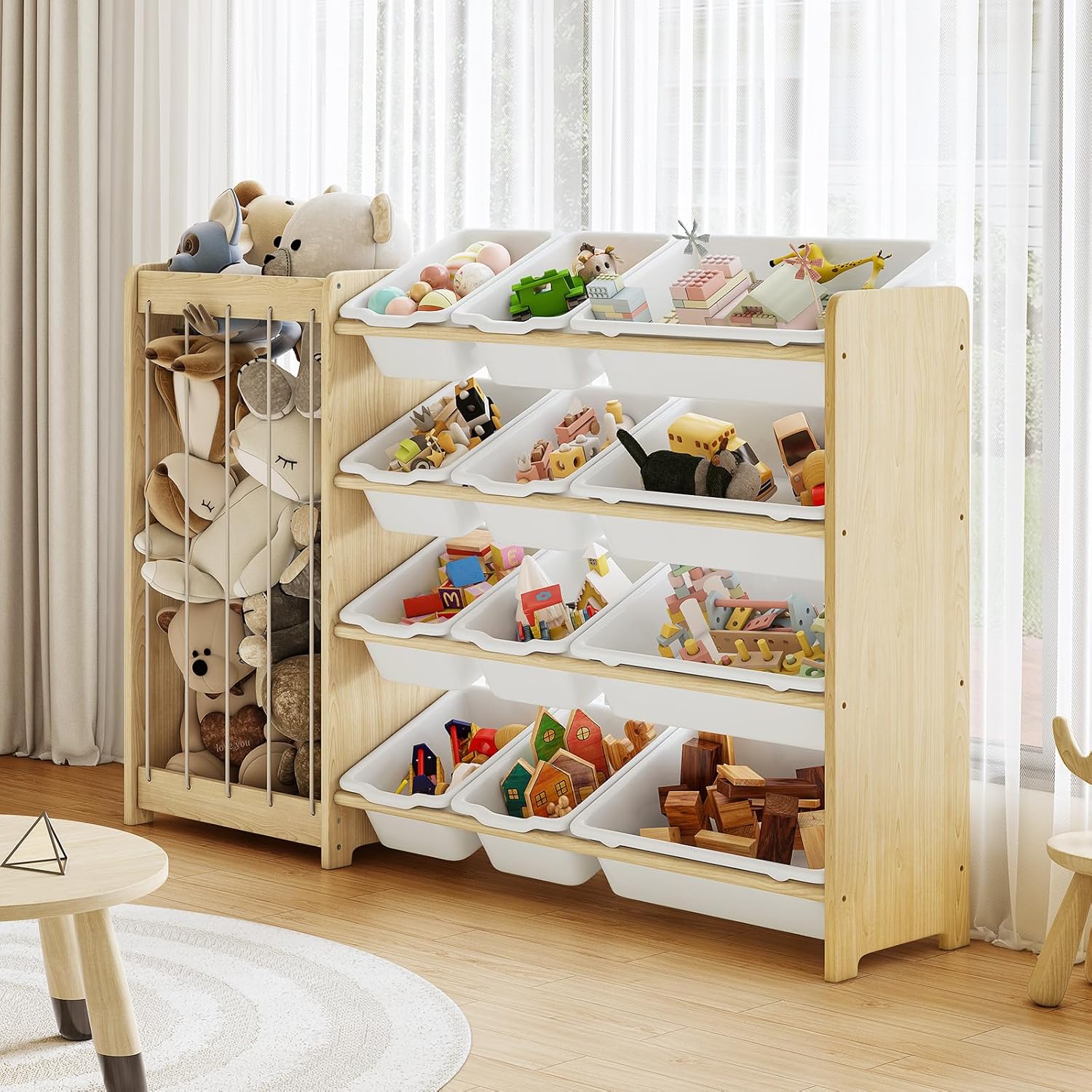 EXPERLAM Kids Toy Storage Organizer, 2-in-1 Stuffed Animal Storage & Toy Organizer w/12 Bins, Solid Wood Toy Rack Featuring Thicker Elastic Ropes to Hold Toys, Playroom Nursery Bedroom Storage, White - Image 2