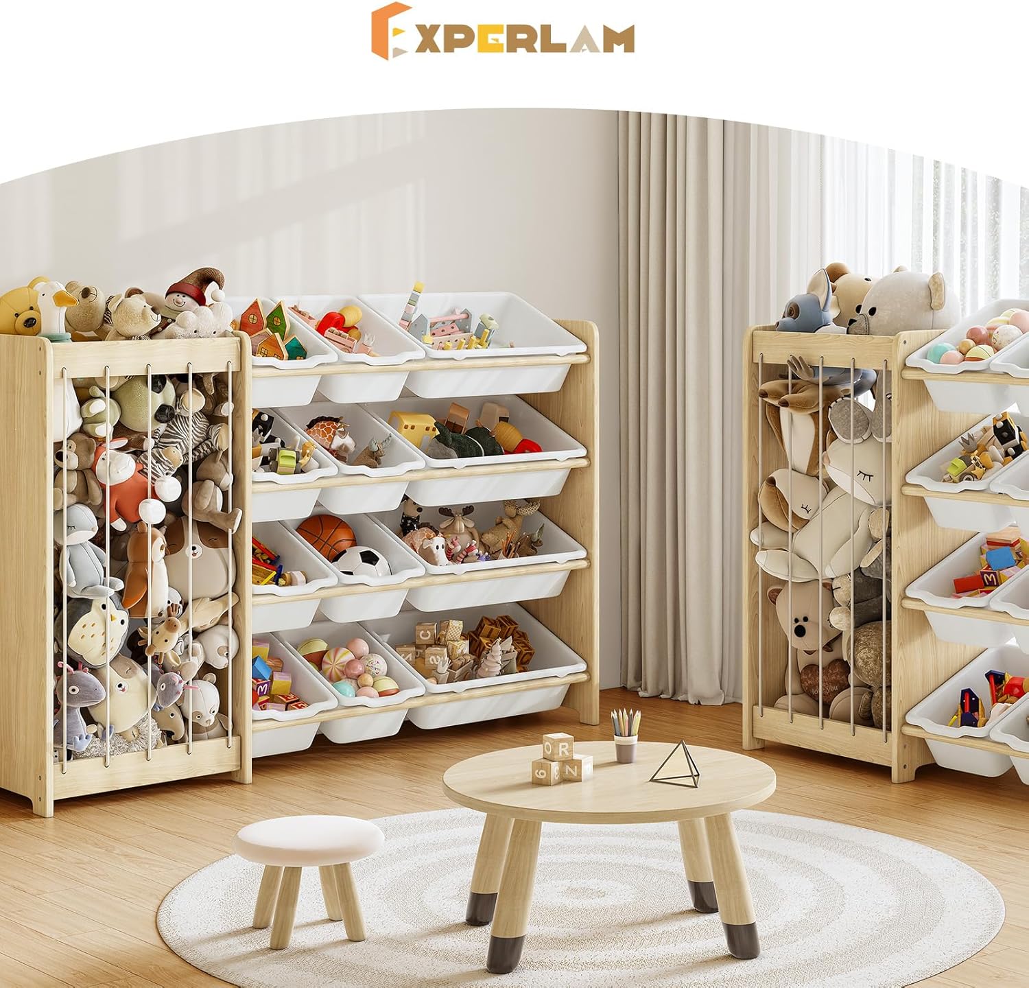 EXPERLAM Kids Toy Storage Organizer, 2-in-1 Stuffed Animal Storage & Toy Organizer w/12 Bins, Solid Wood Toy Rack Featuring Thicker Elastic Ropes to Hold Toys, Playroom Nursery Bedroom Storage, White - Image 3