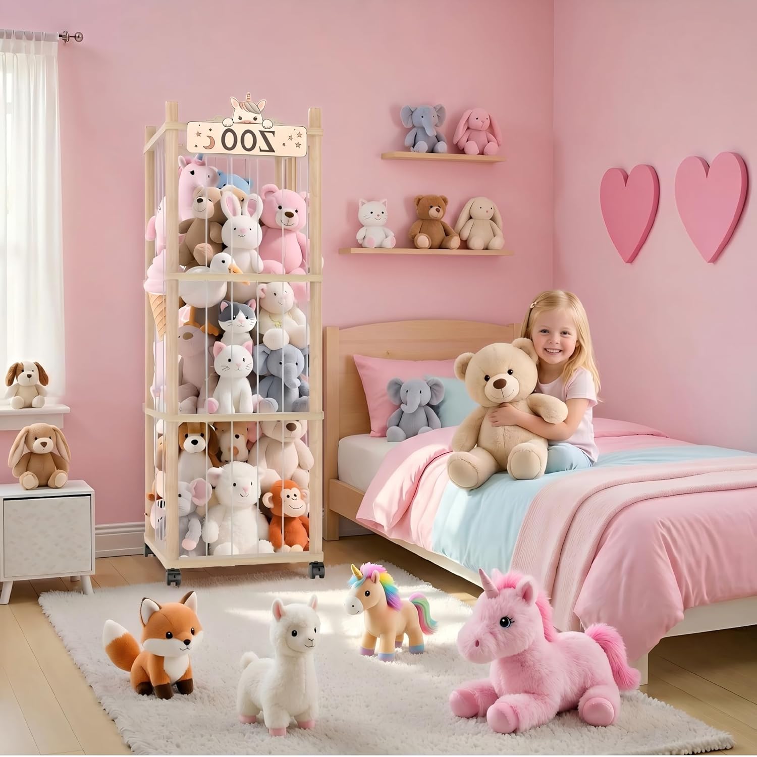 Stuffed Animal Storage Zoo Tower,56In Wooden Large Stuffed Animal Holder Organizer with Wheels,Stuffy Plushies Storage with Elastic Band&Mesh Bottom,Toy Storage Organizers for Playroom Bedroom Nursery - Image 8