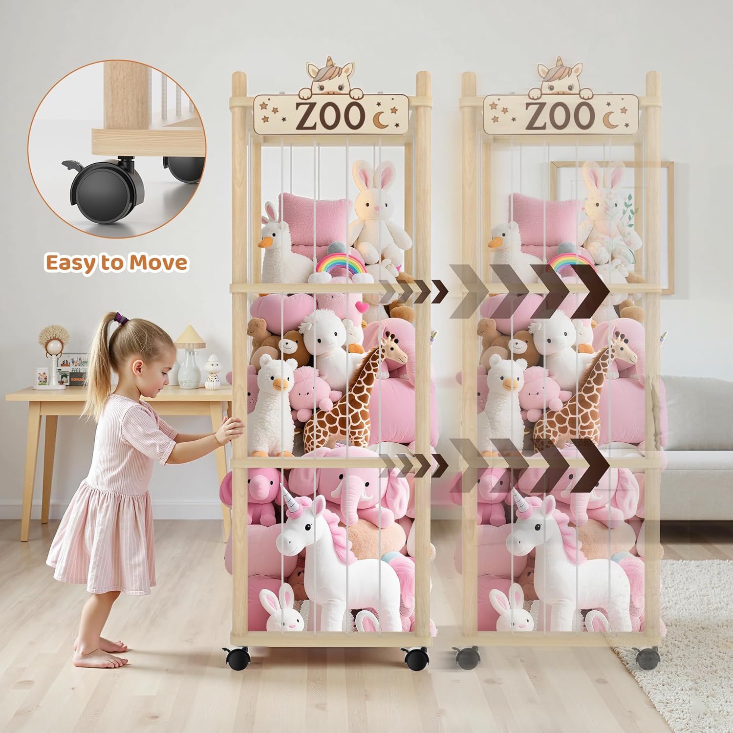 Stuffed Animal Storage Zoo Tower,56In Wooden Large Stuffed Animal Holder Organizer with Wheels,Stuffy Plushies Storage with Elastic Band&Mesh Bottom,Toy Storage Organizers for Playroom Bedroom Nursery - Image 4