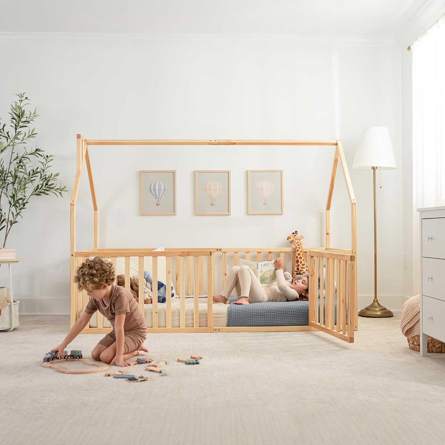 Comfy Cubs Kids House Gated Floor Bed Twin Size – 100% Pinewood Montessori Floor Bed with Safety Enclosure for Children Aged 5+, Fun Kids Playhouse Design for Sleep & Play - Natural Wood - Image 6