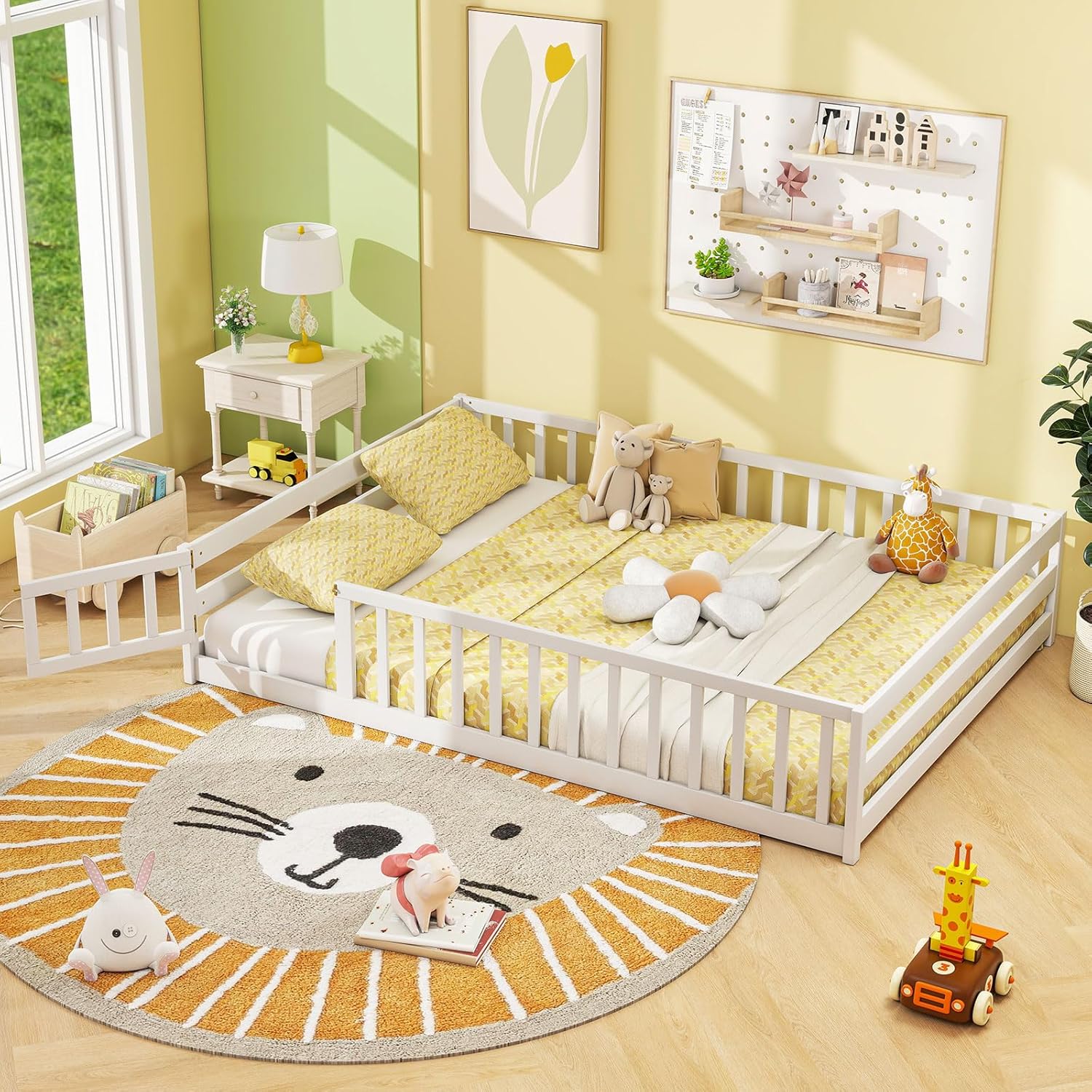 Giantex Full Floor Bed with Door & Fence, Kids Wood Montessori Beds with Safety Guardrails, Floor Bed Twin for Kids, Boys, Girls, No Box Spring Needed, White - 1