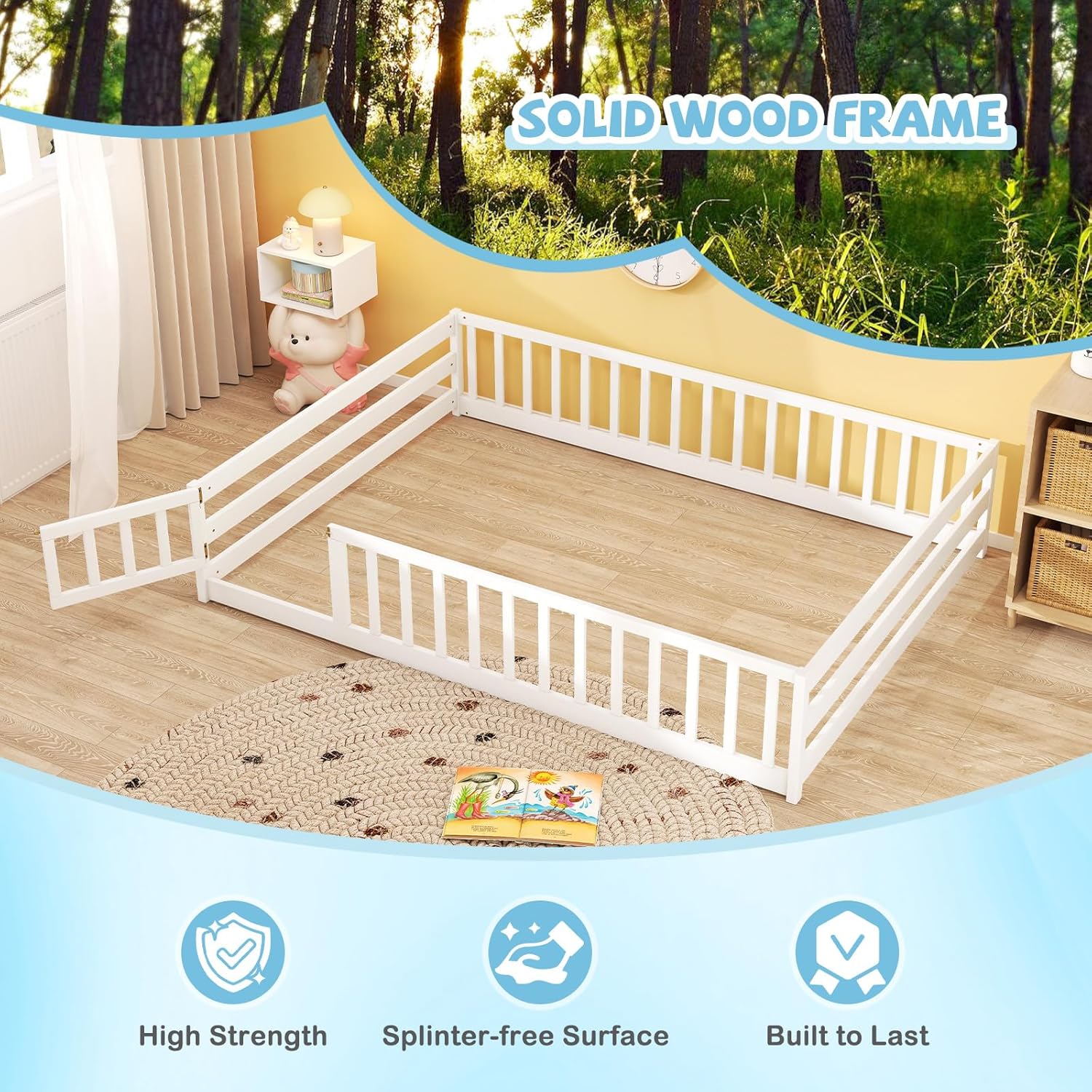 Giantex Full Floor Bed with Door & Fence, Kids Wood Montessori Beds with Safety Guardrails, Floor Bed Twin for Kids, Boys, Girls, No Box Spring Needed, White - Image 5