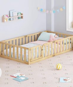 Spirich Twin Size Kids Floor Bed Frame with Fence and Door, Solid Wood Montessori Floor Bed for Kids Without Slats, Twin Bed Frame for Boys and Girls, Natural - 1