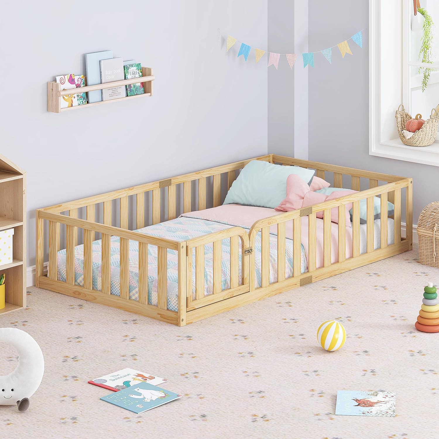 Spirich Twin Size Kids Floor Bed Frame with Fence and Door, Solid Wood Montessori Floor Bed for Kids Without Slats, Twin Bed Frame for Boys and Girls, Natural - 1