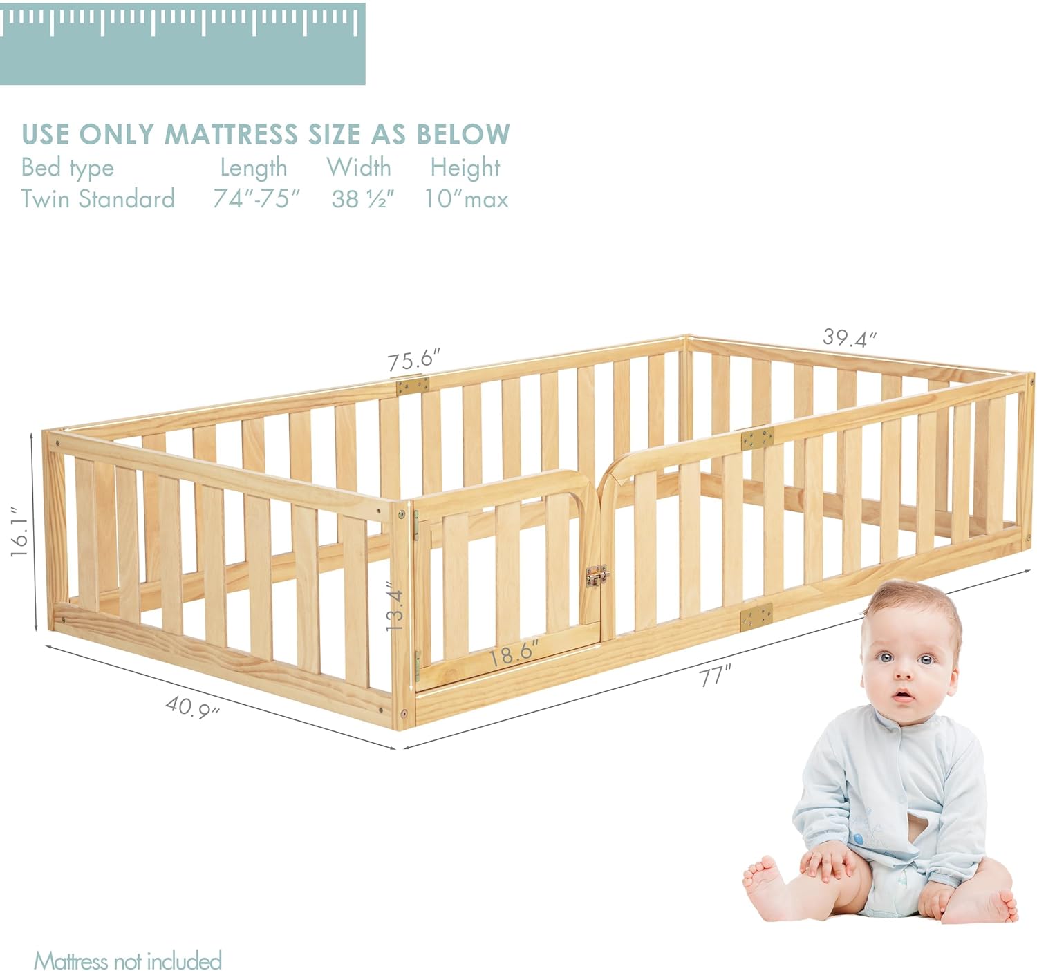 Spirich Twin Size Kids Floor Bed Frame with Fence and Door, Solid Wood Montessori Floor Bed for Kids Without Slats, Twin Bed Frame for Boys and Girls, Natural - Image 8