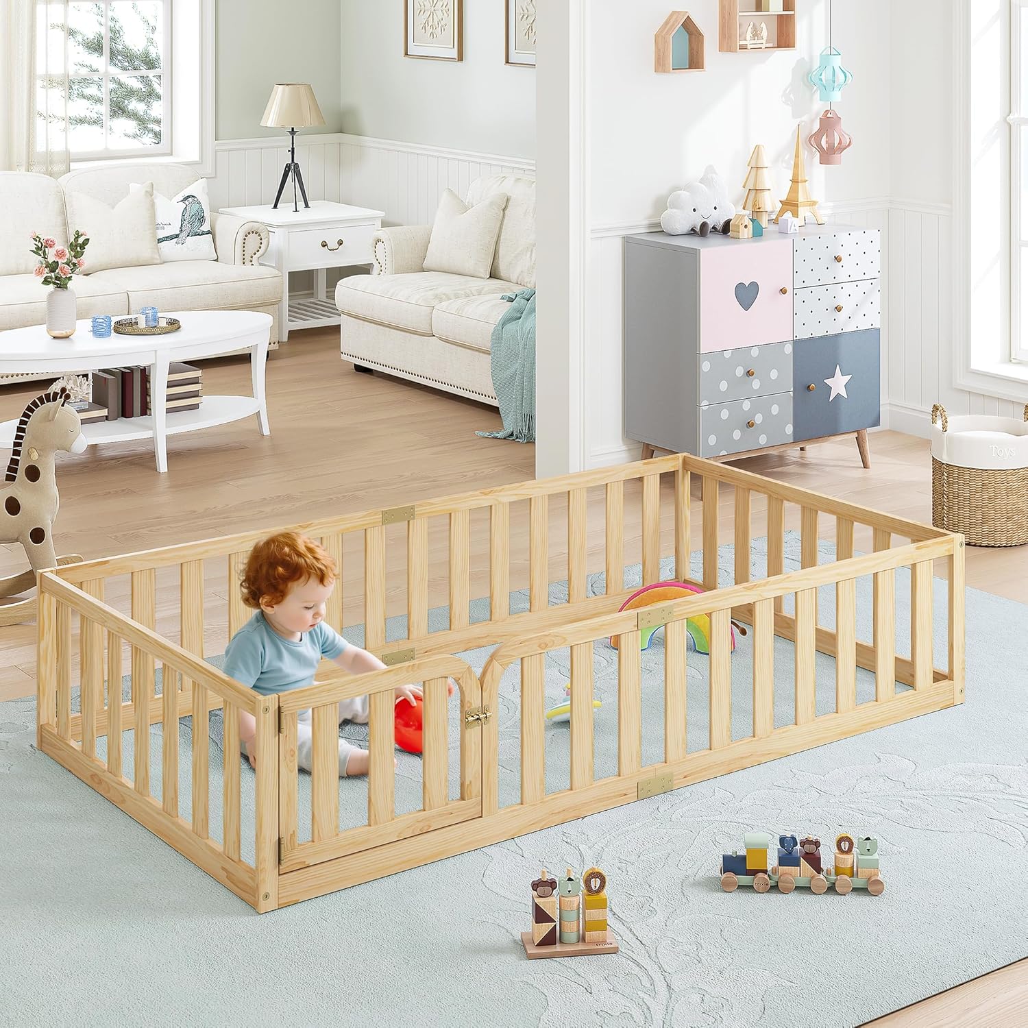 Spirich Twin Size Kids Floor Bed Frame with Fence and Door, Solid Wood Montessori Floor Bed for Kids Without Slats, Twin Bed Frame for Boys and Girls, Natural - Image 7