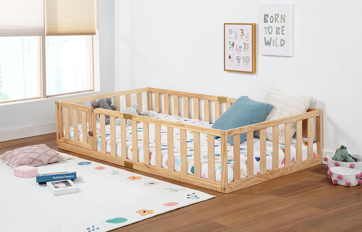 Spirich Twin Size Kids Floor Bed Frame with Fence and Door, Solid Wood Montessori Floor Bed for Kids Without Slats, Twin Bed Frame for Boys and Girls, Natural - Image 6
