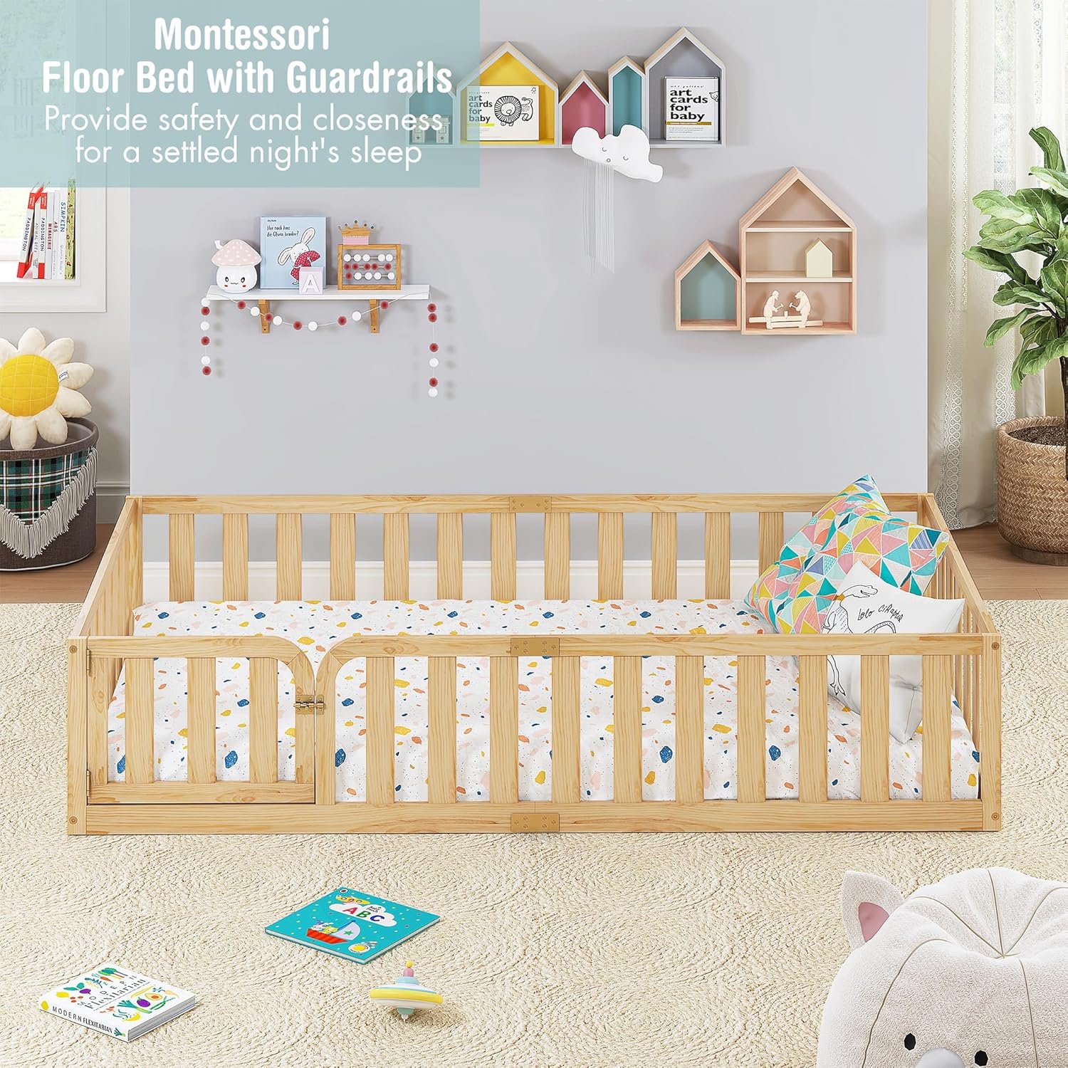 Spirich Twin Size Kids Floor Bed Frame with Fence and Door, Solid Wood Montessori Floor Bed for Kids Without Slats, Twin Bed Frame for Boys and Girls, Natural - Image 5