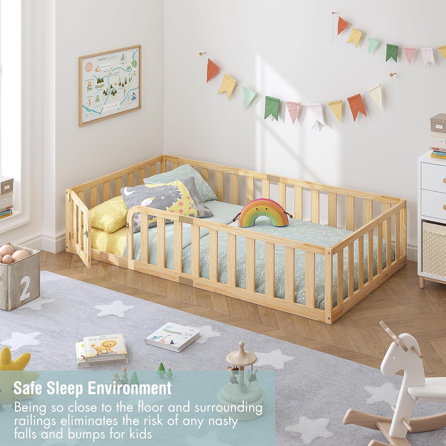 Spirich Twin Size Kids Floor Bed Frame with Fence and Door, Solid Wood Montessori Floor Bed for Kids Without Slats, Twin Bed Frame for Boys and Girls, Natural - Image 4