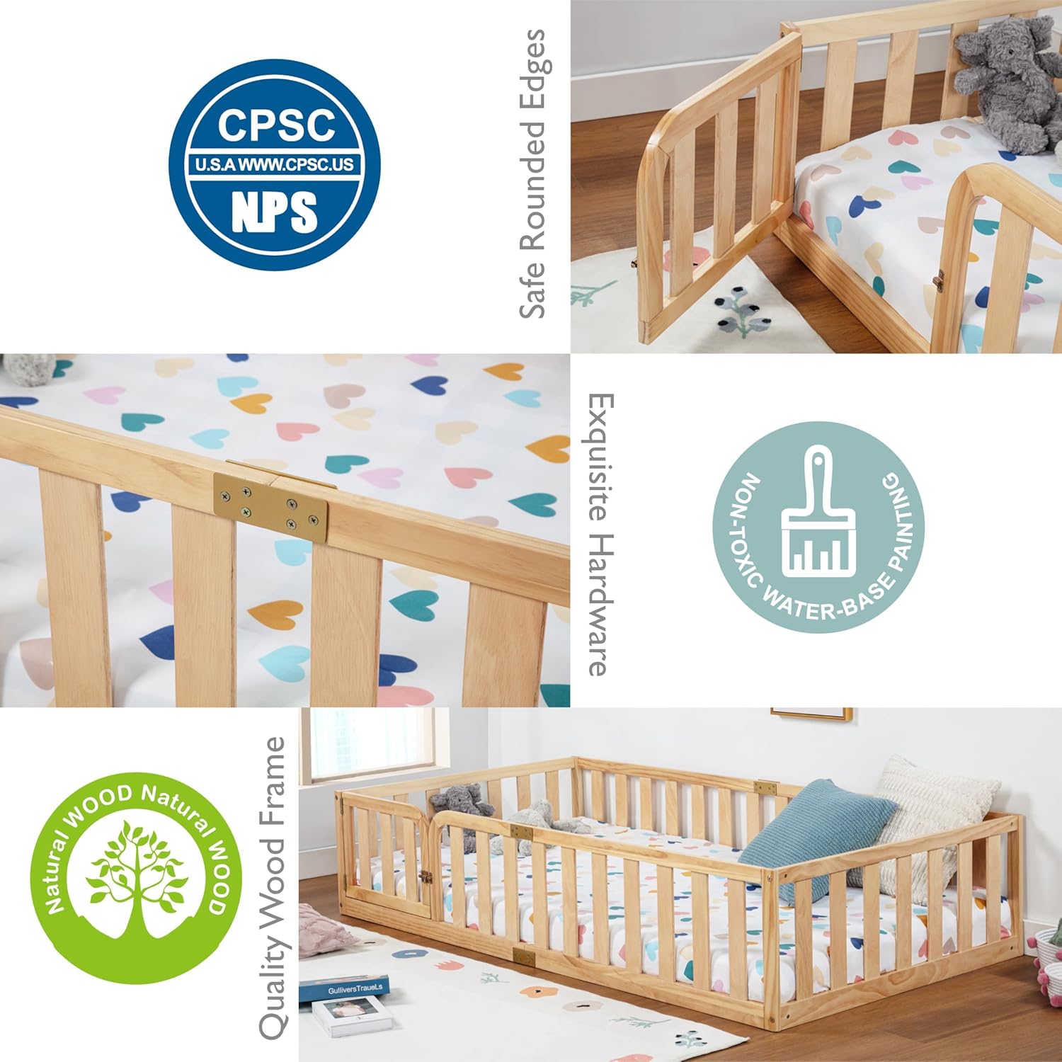 Spirich Twin Size Kids Floor Bed Frame with Fence and Door, Solid Wood Montessori Floor Bed for Kids Without Slats, Twin Bed Frame for Boys and Girls, Natural - Image 3