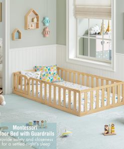 Alternative view of Spirich Twin Size Kids Floor Bed Frame with Fence and Door, Solid Wood Montessori Floor Bed for Kids Without Slats, Twin Bed Frame for Boys and Girls, Natural