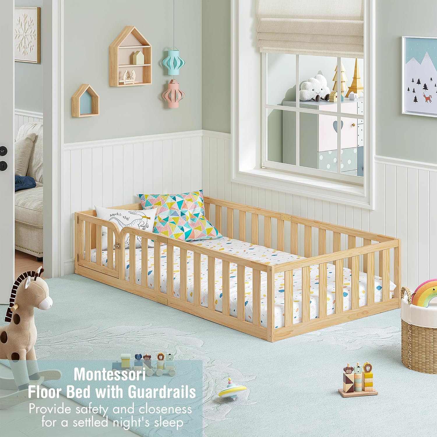 Spirich Twin Size Kids Floor Bed Frame with Fence and Door, Solid Wood Montessori Floor Bed for Kids Without Slats, Twin Bed Frame for Boys and Girls, Natural - Image 2