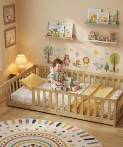 Twin Floor Bed with Safety Guardrails for Kids, Rubber Wood Montessori Bed with Slats and Convertible Door, Twin Size Bed Frame for Girls and Boys,No Box Spring Needed,Natural - 1