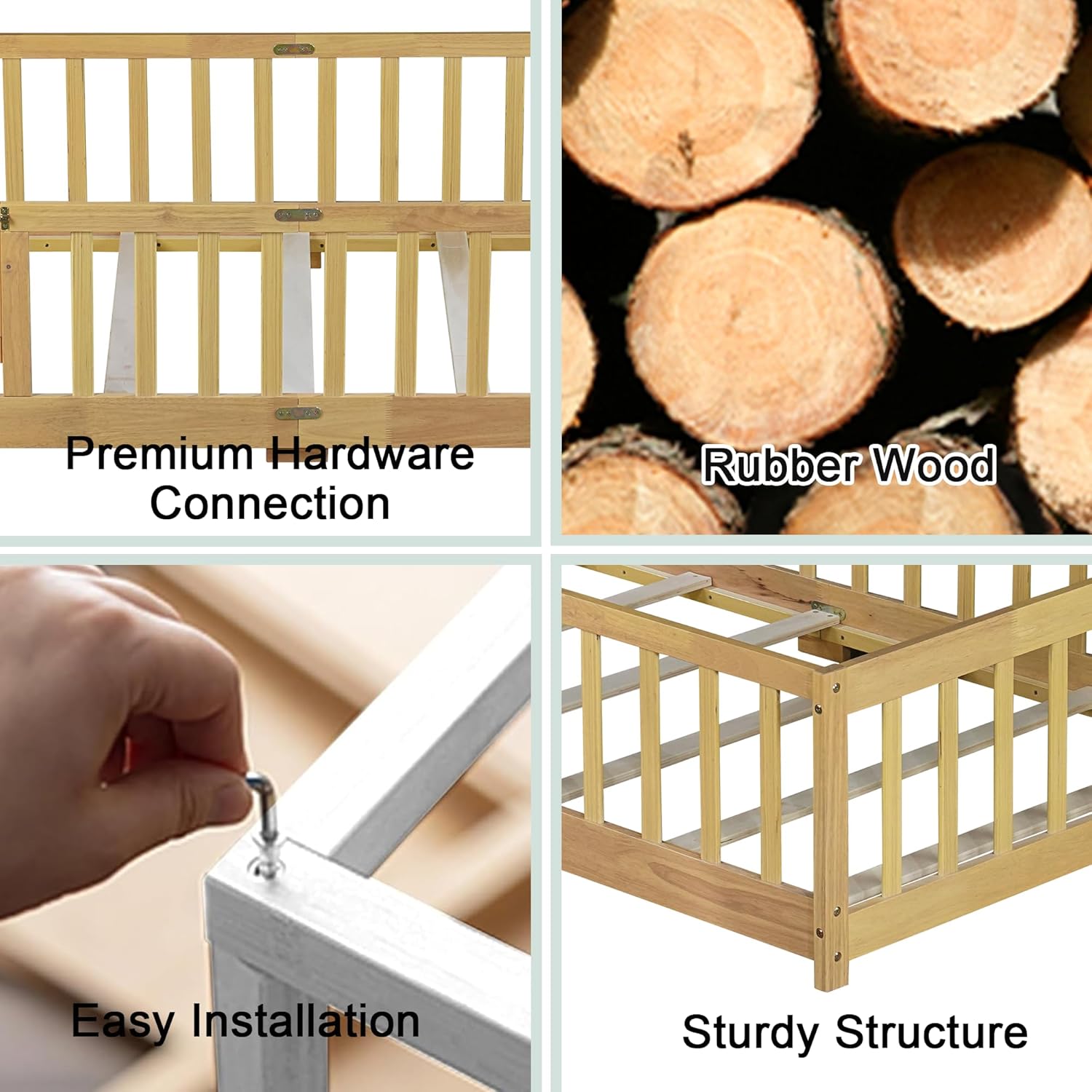 Twin Floor Bed with Safety Guardrails for Kids, Rubber Wood Montessori Bed with Slats and Convertible Door, Twin Size Bed Frame for Girls and Boys,No Box Spring Needed,Natural - Image 4