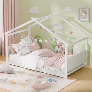 Twin House Bed, Montessori Floor Bed with Headboard & Footboard, Solid Wood Bed Frame for Toddlers Teens Bedroom (White, House Bed) - 1