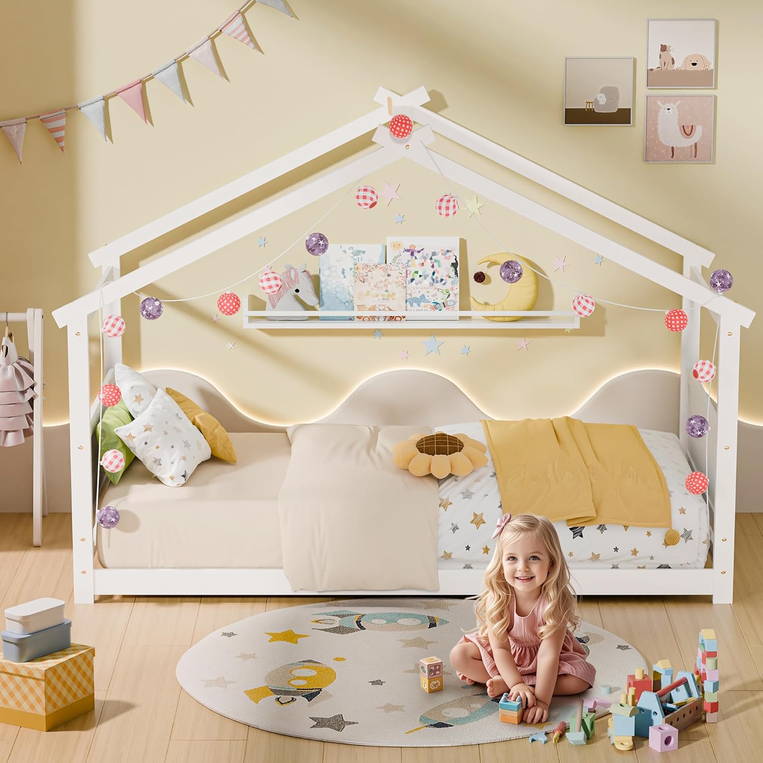 Twin House Bed, Montessori Floor Bed with Headboard & Footboard, Solid Wood Bed Frame for Toddlers Teens Bedroom (White, House Bed) - Image 6