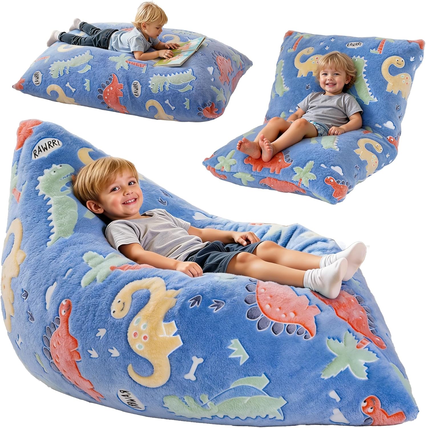 BRINJOY Kids Bean Bag Chair Bed, 3 in 1 Memory Foam Filled Bean Bag Sofa with Removable Cover for Playroom Daycare Bedroom, Toddlers Lazy Floor Mattress Lounger for Boys Girls, Glowing Dinosaur - 1