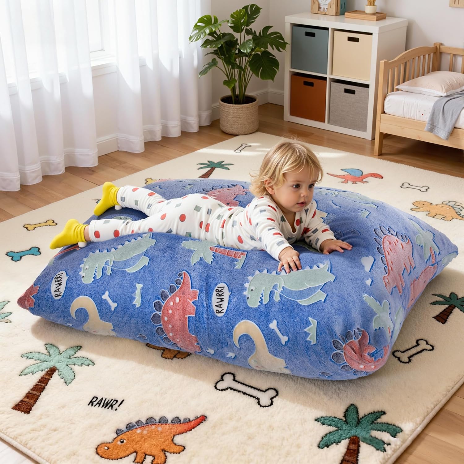 BRINJOY Kids Bean Bag Chair Bed, 3 in 1 Memory Foam Filled Bean Bag Sofa with Removable Cover for Playroom Daycare Bedroom, Toddlers Lazy Floor Mattress Lounger for Boys Girls, Glowing Dinosaur - Image 9