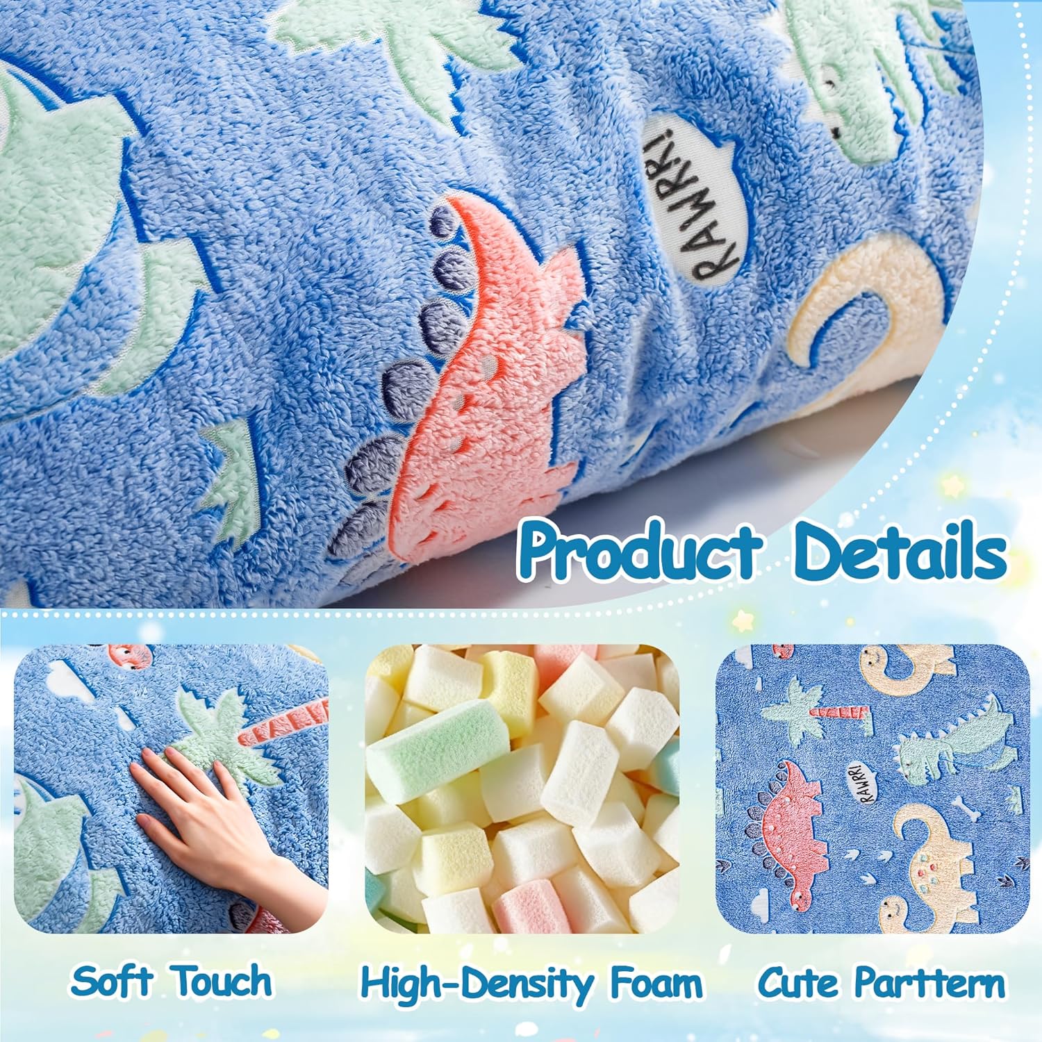 BRINJOY Kids Bean Bag Chair Bed, 3 in 1 Memory Foam Filled Bean Bag Sofa with Removable Cover for Playroom Daycare Bedroom, Toddlers Lazy Floor Mattress Lounger for Boys Girls, Glowing Dinosaur - Image 7