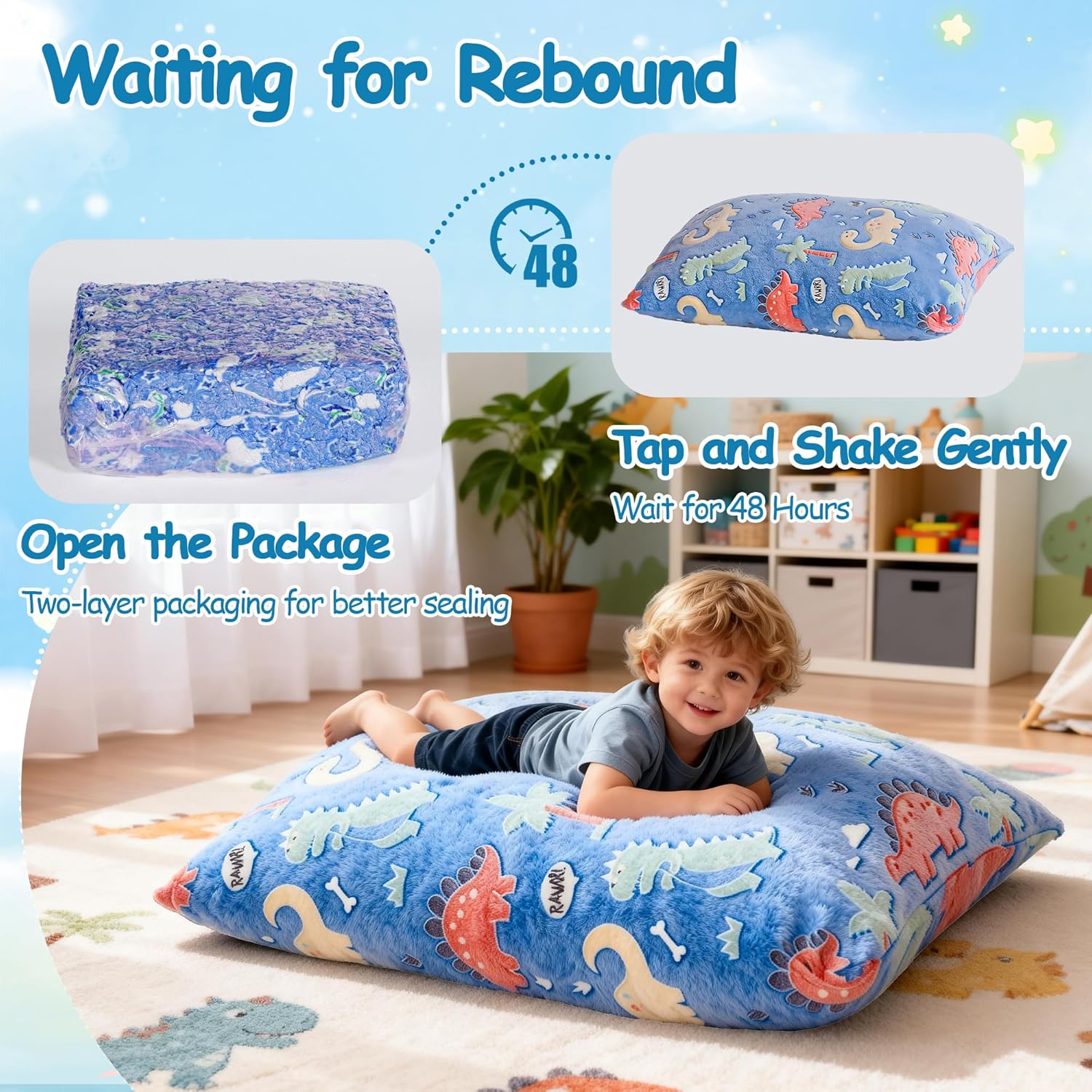 BRINJOY Kids Bean Bag Chair Bed, 3 in 1 Memory Foam Filled Bean Bag Sofa with Removable Cover for Playroom Daycare Bedroom, Toddlers Lazy Floor Mattress Lounger for Boys Girls, Glowing Dinosaur - Image 5