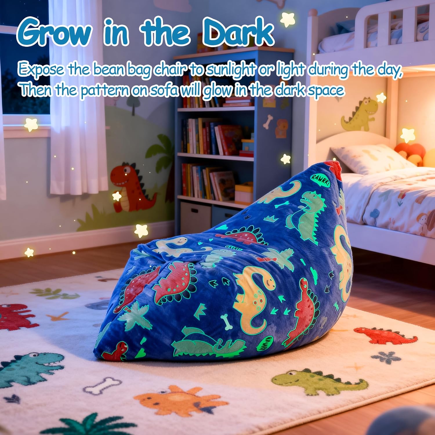 BRINJOY Kids Bean Bag Chair Bed, 3 in 1 Memory Foam Filled Bean Bag Sofa with Removable Cover for Playroom Daycare Bedroom, Toddlers Lazy Floor Mattress Lounger for Boys Girls, Glowing Dinosaur - Image 3