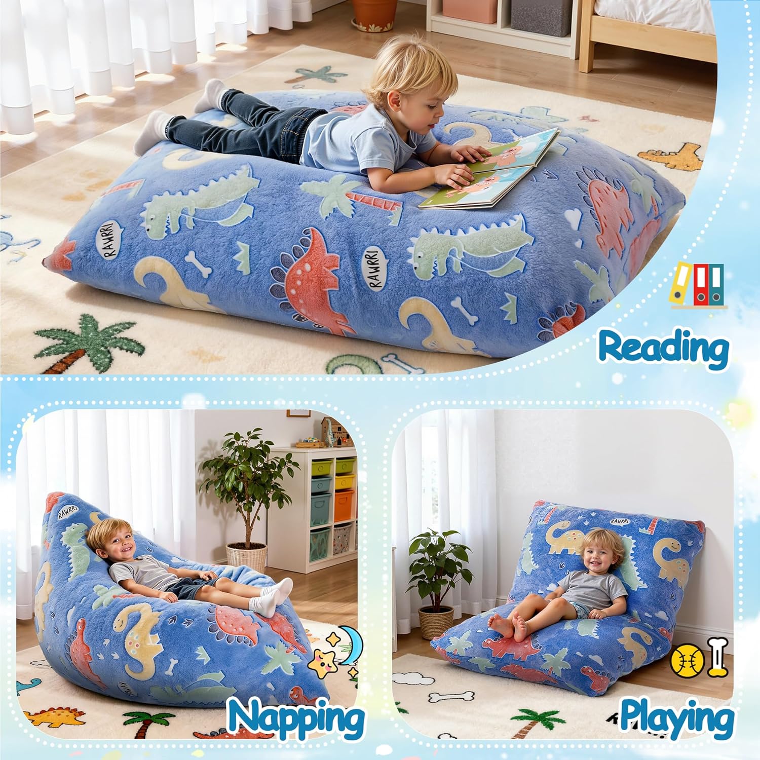 BRINJOY Kids Bean Bag Chair Bed, 3 in 1 Memory Foam Filled Bean Bag Sofa with Removable Cover for Playroom Daycare Bedroom, Toddlers Lazy Floor Mattress Lounger for Boys Girls, Glowing Dinosaur - Image 4
