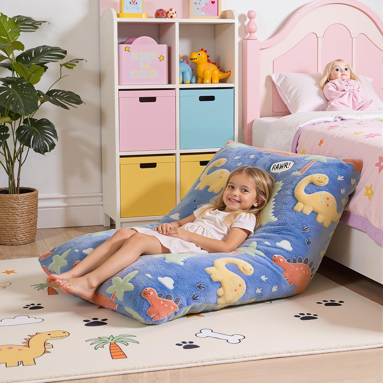 BRINJOY Kids Bean Bag Chair Bed, 3 in 1 Memory Foam Filled Bean Bag Sofa with Removable Cover for Playroom Daycare Bedroom, Toddlers Lazy Floor Mattress Lounger for Boys Girls, Glowing Dinosaur - Image 2