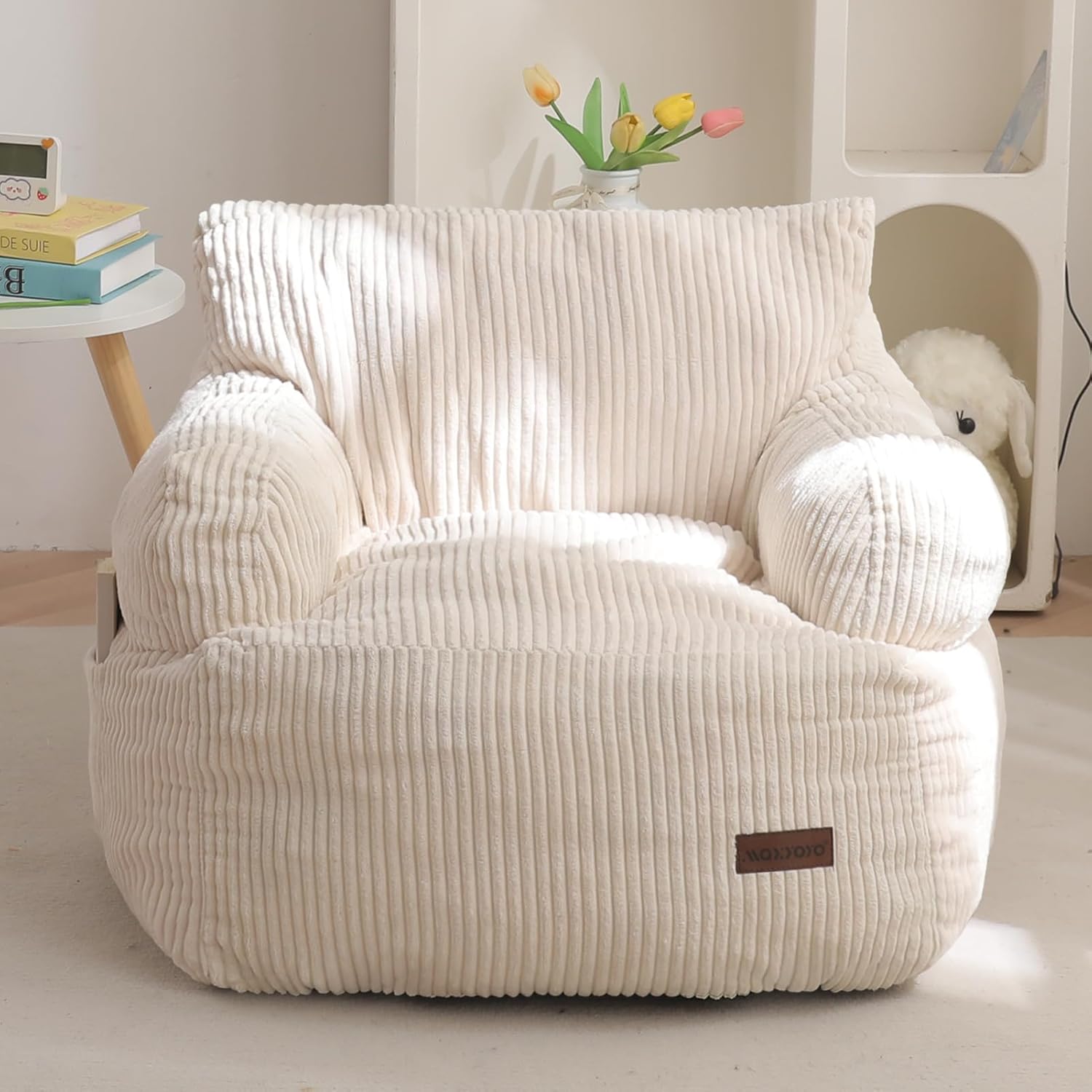 MAXYOYO Kids Bean Bag Chair, Stuffed Toddler Bean Bag Sofa with Filler Bean Bag Chair for Boys and Girls, Lazy Sofa with Pocket Floor Chair for Gaming, Reading, Beige - 1