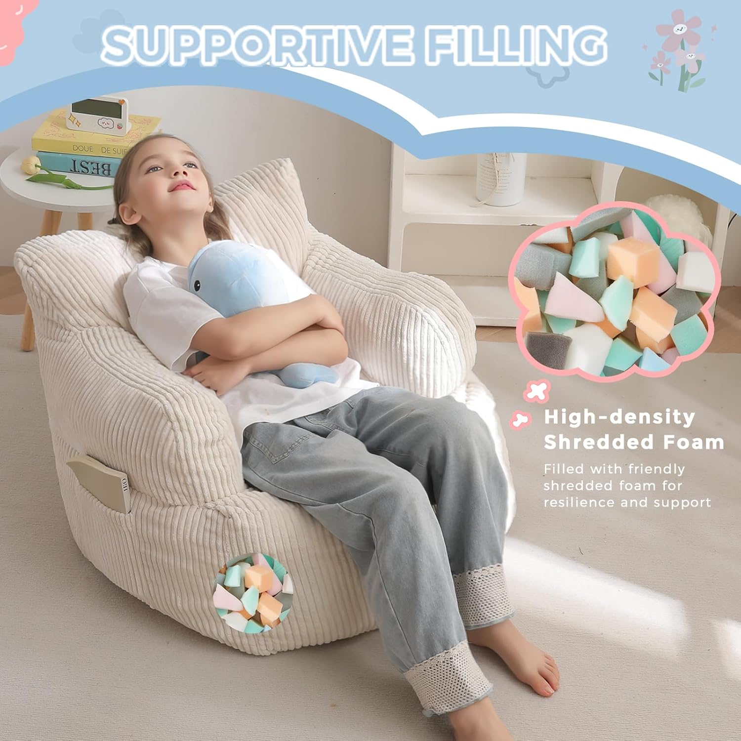 MAXYOYO Kids Bean Bag Chair, Stuffed Toddler Bean Bag Sofa with Filler Bean Bag Chair for Boys and Girls, Lazy Sofa with Pocket Floor Chair for Gaming, Reading, Beige - Image 7