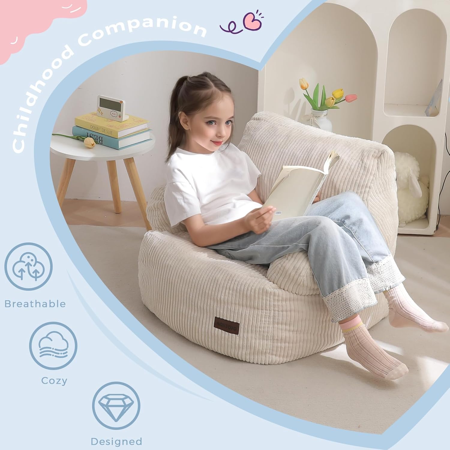 MAXYOYO Kids Bean Bag Chair, Stuffed Toddler Bean Bag Sofa with Filler Bean Bag Chair for Boys and Girls, Lazy Sofa with Pocket Floor Chair for Gaming, Reading, Beige - Image 3