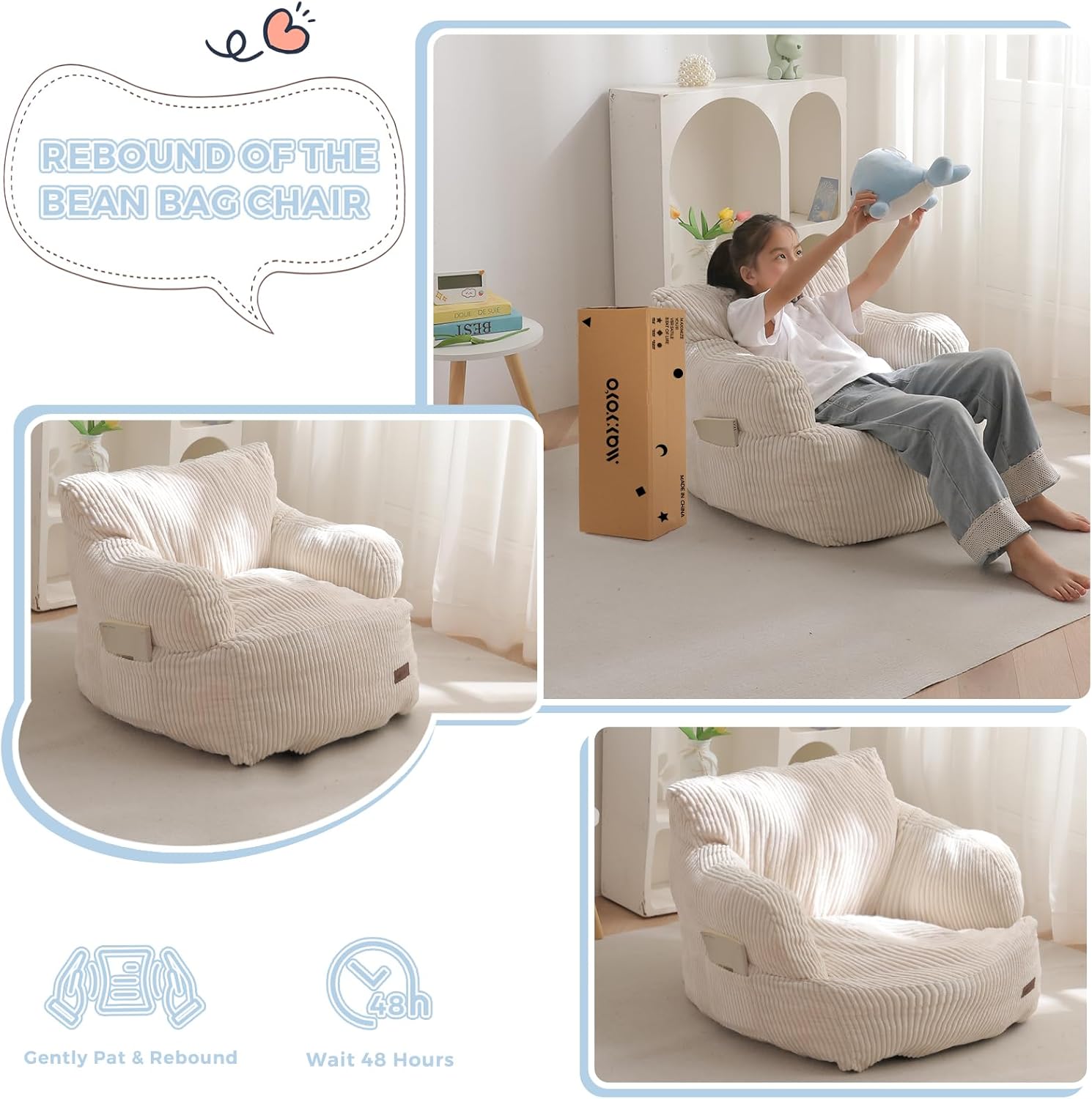 MAXYOYO Kids Bean Bag Chair, Stuffed Toddler Bean Bag Sofa with Filler Bean Bag Chair for Boys and Girls, Lazy Sofa with Pocket Floor Chair for Gaming, Reading, Beige - Image 2