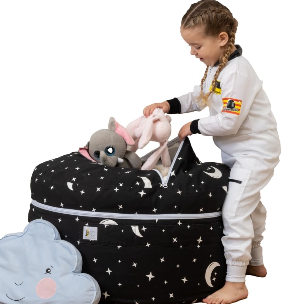 SMART WALLABY Stuffed Animal Storage Bean Bag Chair - 2 Sizes in 1 - 100% Cotton Washable Kids’ Plush Toys Organizer - XL to XXL Expandable Premium Soft Toys Pouf Starry Night - 1
