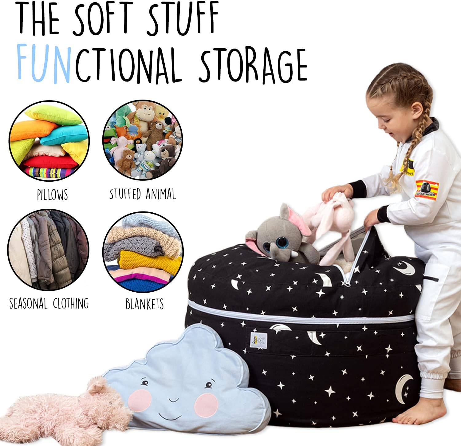 SMART WALLABY Stuffed Animal Storage Bean Bag Chair | 2 Sizes in 1 | 100% Cotton Washable Kids’ Plush Toys Organizer | XL to XXL Expandable Premium Soft Toys Pouf Starry Night - Image 4