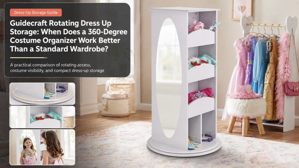 Guidecraft Rotating Dress Up Storage 360-degree costume organizer with mirrors hooks and trays
