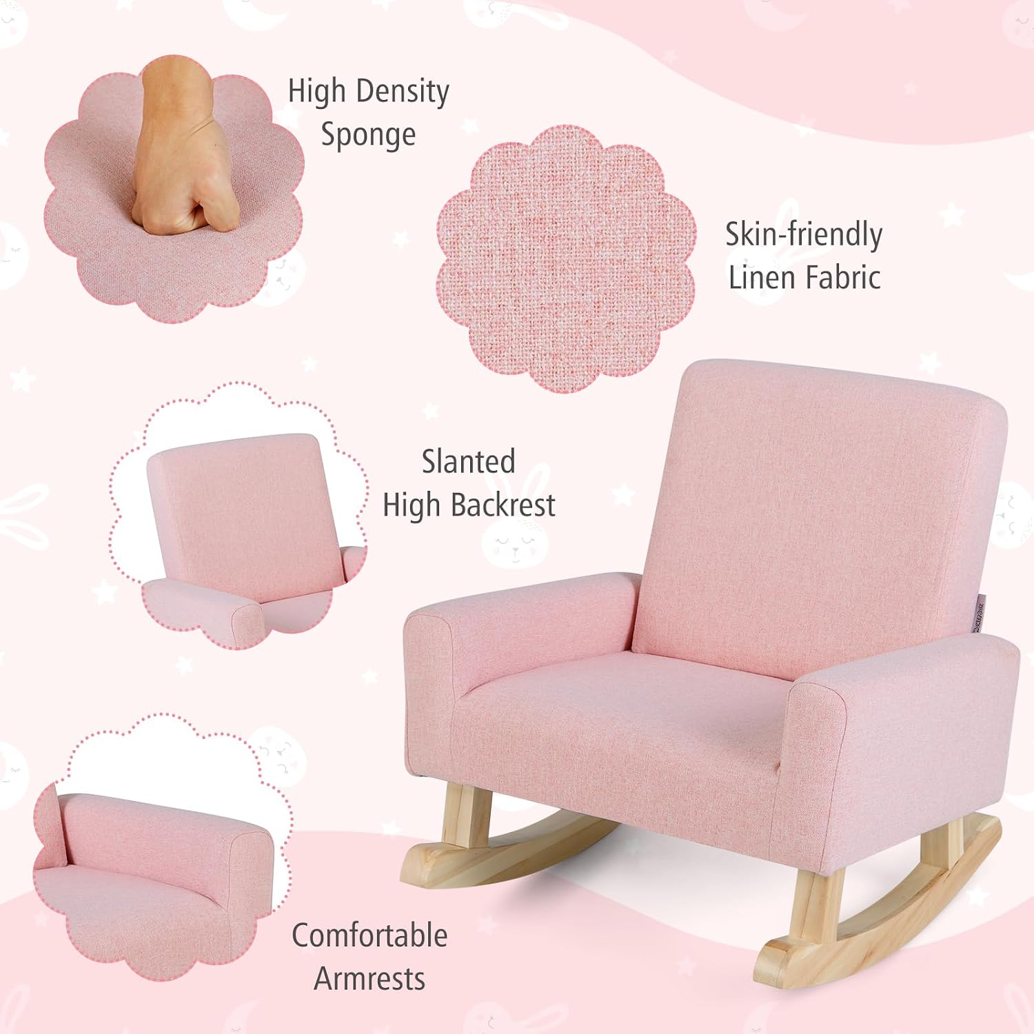 HONEY JOY Toddler Rocking Chair, Kids Rocker with Solid Wood Legs & Linen Fabric, Anti-Tipping Design, Toddler Couch for Kids Room, Playroom, Nursery, Bedroom (Pink) - Image 4