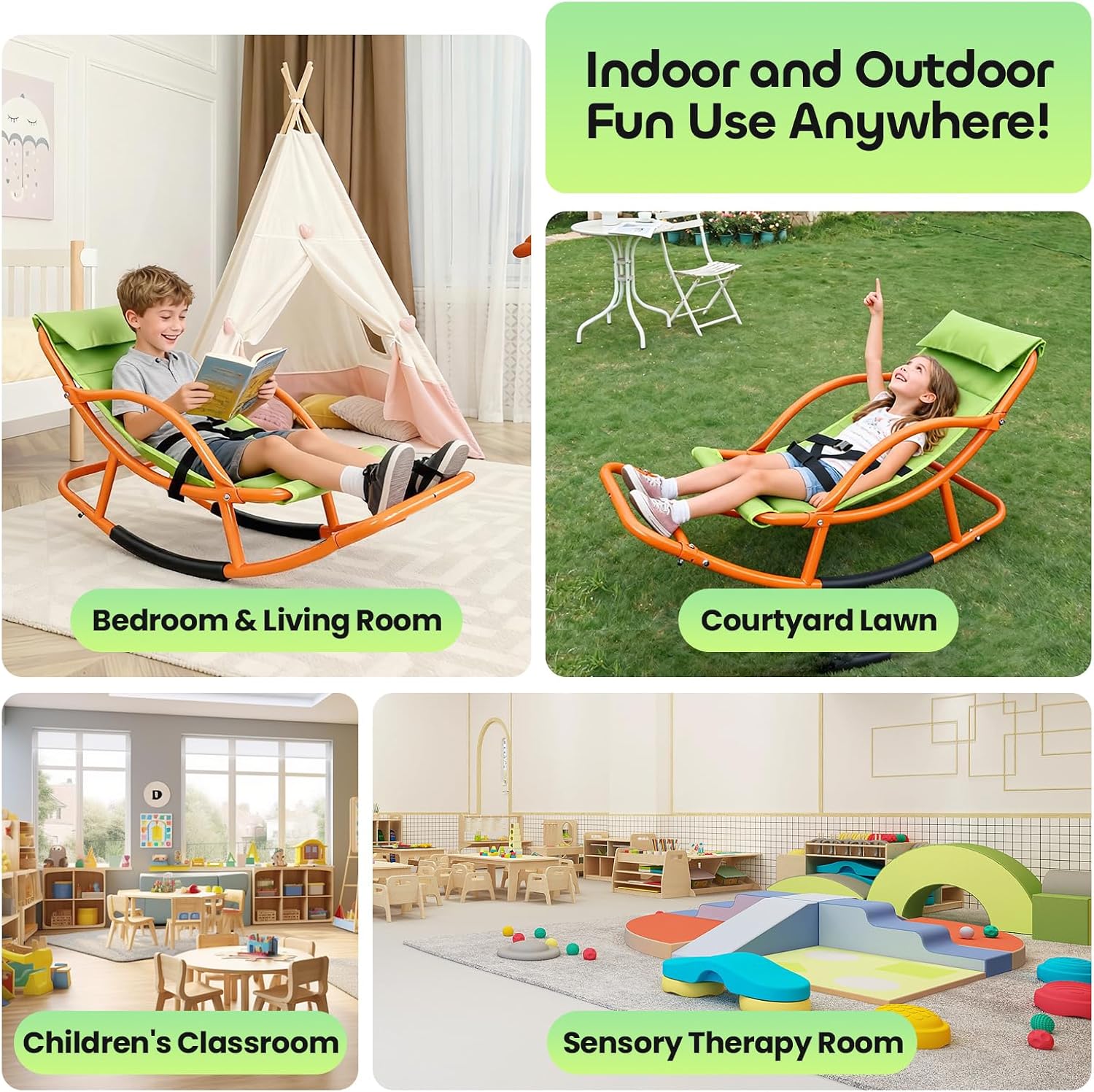 Large Size Kids Sensory Rocking Chair for Children Under 55 Inches Tall, Autism and ADHD Balance Seat Helps Kids Relax, Focus and Play, Indoor & Outdoor Rocker for Bedroom, Nursery and Sensory Room - Image 3