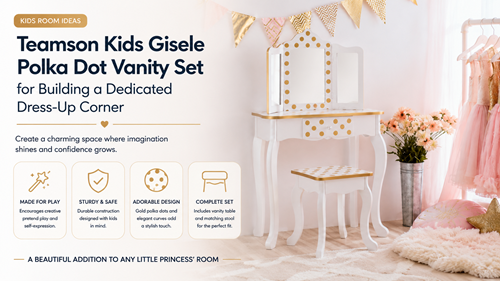 Teamson Kids Gisele Polka Dot Vanity Set for Building a Dedicated Dress-Up Corner