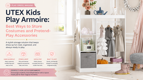 UTEX Kids Play Armoire organized for costumes and pretend-play accessories