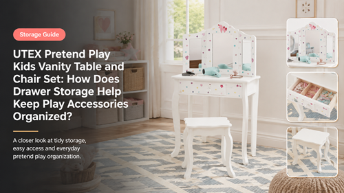 UTEX Pretend Play Kids Vanity Table and Chair Set with mirror drawer and organized accessories