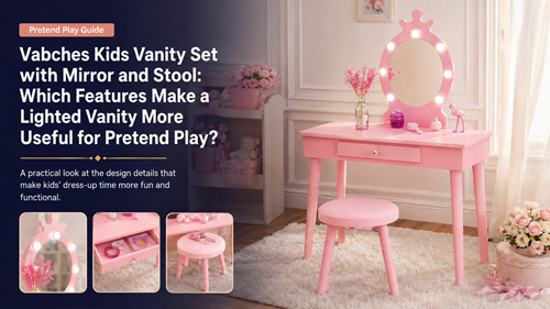 Vabches Kids Vanity Set with Mirror and Stool featuring lights storage and pretend-play workspace